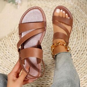 Veloura Brown Strappy Flat Sandals Casual Summer Comfortable Slides